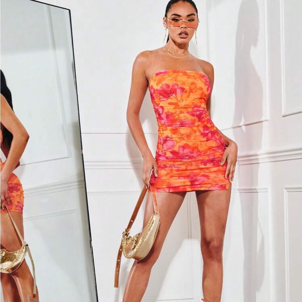 SHEIN Strapless Orange Pink Dress